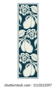 Vector illustration of decorative ornamental vignette with pear tree twig in retro Victorian style with flowers bloom and ripe fruits, art nouveau decoration botanical illustration isolated on white