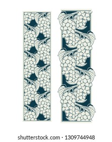 Vector illustration of decorative ornamental vignette borders set with grape vines, monochrome ripe fruits art nouveau decoration for design as botanical illustration