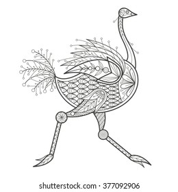 Vector illustration decorative ostrich on white background. Fashion trend of adult coloration. Bird with elements oriental motif. Black and white. Modern design.