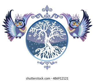 Vector illustration. Decorative vector owl with winter tree