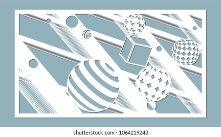 Vector illustration. Decorative panel lines, circles, cubes, balls, squares, laser cutting. cut wooden panel.