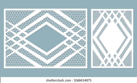 Vector illustration. Decorative panel lines, honeycomb, laser cutting. wooden panel.