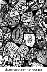 vector - illustration decorative pattern with flowers and creatures, circle heads, funny, big eyes, sinusoidal lines