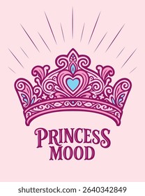 Vector illustration of a decorative pink crown with heart and text Princess Mood. Girly royal design in cartoon style. Crown print for kids, t-shirts, prints, birthday graphics.

