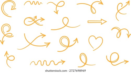 Ilustración vectorial de icono de flecha roja decorativa con remolinos, bucles, corazones y elemento de diseño de movimiento artístico