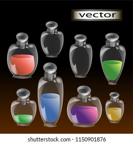 Vector illustration of decorative retro bottles of different shapes and sizes with glass lid with magic potion, syrup or medicine