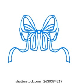 Vector illustration of a decorative ribbon bow with flowing tails, drawn in a delicate blue outline. Ideal for gift packaging, holiday designs, wedding decor, branding, and invitations.