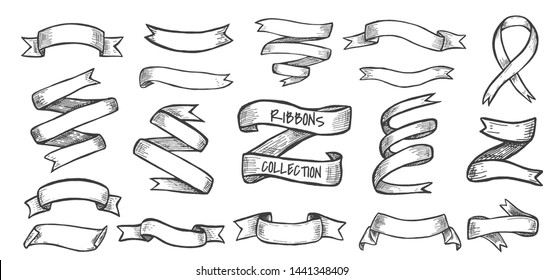 Vector illustration of decorative ribbons collection set. Banner shapes, gift and accessory tapes. Decor for wedding card, lettering and holiday. Vintage hand drawn style.