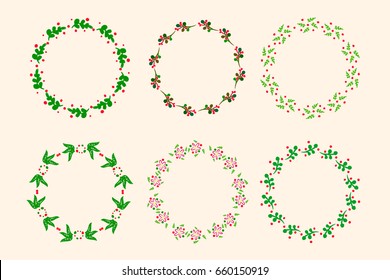 Vector illustration of decorative round frame floral ball and leaves set hand draw design for Christmas's Day or spring 
