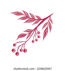 Vector illustration of a decorative rowan branch. A twig with berries, foliage and ornament in a trendy magenta color. Nature clipart
