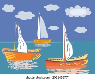 Vector illustration of decorative sailboats in blue summer sea