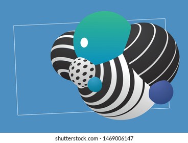 Ilustración vectorial de esferas decorativas texturizado patrón geométrico y gradiente. Composición de plantilla para diseño gráfico con lugar para texto