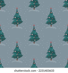 Imagen vectorial de un árbol de Navidad estilizado decorativo con decoraciones de copos de nieve. Patrón. Tarjeta.