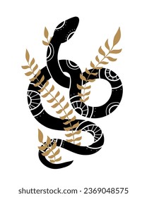 Vector illustration of a decorative swirled snake with stems and foliage. Tracery anaconda clipart with natural decoration. Boho image of serpent for sticker, card and tattoo