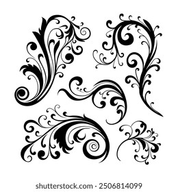 Vector illustration of decorative swirls, Ornate swirling floral motif vector. a set of vector elements isolated on a white background. 