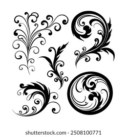 Vector illustration of decorative swirls, Ornate swirling floral motif vector. a set of vector elements isolated on a white background. 