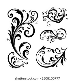 Vector illustration of decorative swirls, Ornate swirling floral motif vector. a set of vector elements isolated on a white background. 