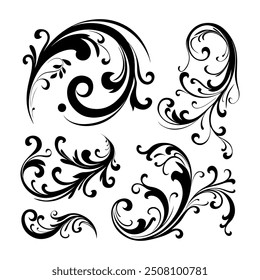 Vector illustration of decorative swirls, Ornate swirling floral motif vector. a set of vector elements isolated on a white background. 