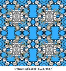 Vector illustration. Decorative symmetry arabesque. Gold on blue background. Seamless pattern medieval floral royal pattern. Good for greeting card for birthday, invitation or banner.