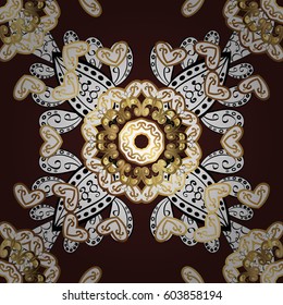 Vector illustration. Decorative symmetry arabesque. Good for greeting card for birthday, invitation or banner. Gold on brown background. Seamless pattern medieval floral royal pattern.