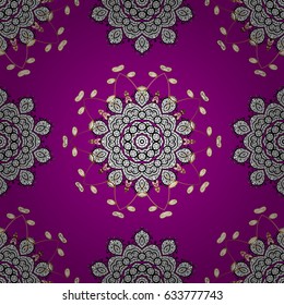 Vector illustration. Decorative symmetry arabesque. Gold on magenta background. Seamless pattern medieval floral royal pattern. Good for greeting card for birthday, invitation or banner.
