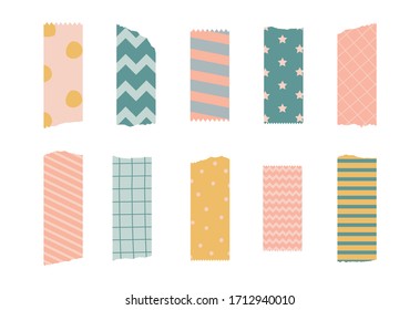 Vector illustration of a decorative tape. Set of pieces of colored patterned washi tape isolated on a white background.