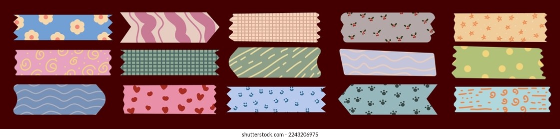 Ilustración vectorial de una cinta decorativa. Conjunto de piezas aisladas de cinta washi con motivos de color