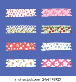 Vector illustration of a decorative tape. Set of pieces of colored patterned washi tape isolated on a white background.