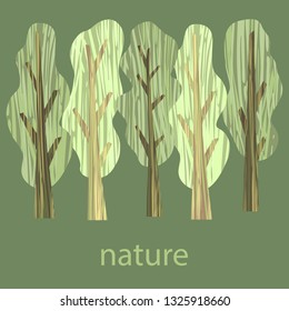 vector illustration with  decorative textured  trees on green background 