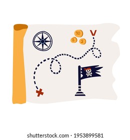Ilustración vectorial. Mapa del tesoro decorativo con plan. Cartel, postal, afiche del interior.