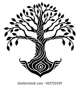 Vector illustration, decorative tree of life with seed symbol between intertwined roots, black and white graphics