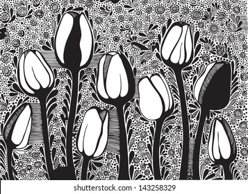 Vector illustration with decorative  tulip flower on ornamental background.