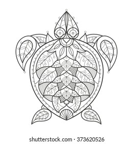 Vector illustration decorative turtle on white background. Fashion trend of adult coloration. Sea turtle picture with elements oriental motif Turkish cucumber. Black and white. Modern design.