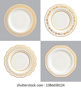 Vector illustration of decorative white plates with gold trims and ornamental borders; isolated on white and dark backgrounds.