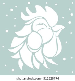Vector illustration with decorative white silhouette of a satisfied smiling rooster on pale blue background with falling snowflakes. Graphic symbol of 2017 year in black color. 