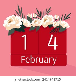 Ilustración vectorial de un calendario decorativo de madera con la fecha del 14 de febrero con decoración floral. Tarjeta de felicitación o cartel de San Valentín.
