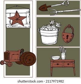 Vector Illustration Decor,farm Items,tractor,shovel,pitchfork,lock,cotton Bucket,table With Vase,frame,retro Style For Design