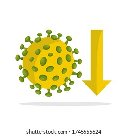 vector illustration of decrease in coronavirus COVID-19 cases icon. infection and epidemic outbreak of a disease. yellow virus icon with down arrow direction.