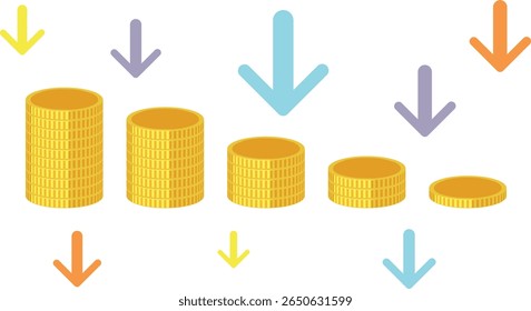 Vector illustration of decreasing gold coins and financial loss
