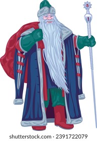 Vector illustration of Ded Moroz, the Russian Santa Claus. Dressed in an ancient Russian fur coat with long sleeves and a fur hat. He has an ice staff in his hand and a bag of gifts on his back