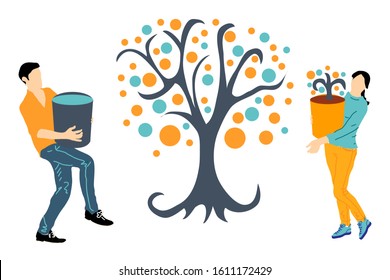 Vector illustration dedicated to ecology and the environment. Young people water and take care of a tree