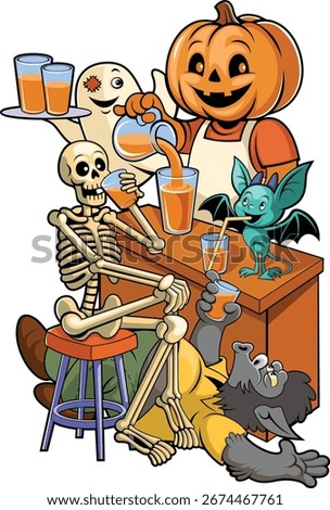 Vector illustration dedicated to Halloween, depicting a festive bar, with a pumpkin-headed bartender and visitors - Halloween characters.