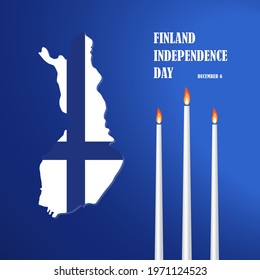Vector illustration dedicated to the Independence Day of Finland. Map outline flag and white candles on a blue gradient background. Poster, banner, sign.