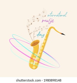 Ilustración vectorial dedicada al día internacional de la música. Tocando saxofón, notas y elementos decorativos sobre un fondo beige claro. Cartel, pancarta, portada.