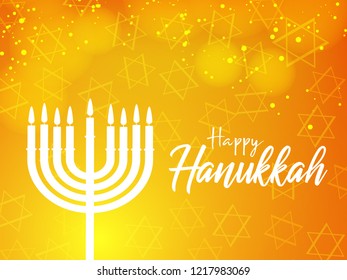 Vector illustration dedicated to the Jewish holiday of Hanukkah, menorah (traditional candelabra) and burning candles with hand lettering text of happy hanukkah sale 