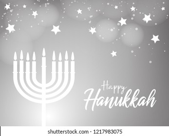 Vector illustration dedicated to the Jewish holiday of Hanukkah, menorah (traditional candelabra) and burning candles with hand lettering text of happy hanukkah sale 