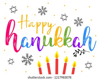 Vector illustration dedicated to the Jewish holiday of Hanukkah, menorah (traditional candelabra) and burning candles with hand lettering text of happy hanukkah sale 