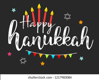 Vector illustration dedicated to the Jewish holiday of Hanukkah, menorah (traditional candelabra) and burning candles with hand lettering text of happy hanukkah sale 