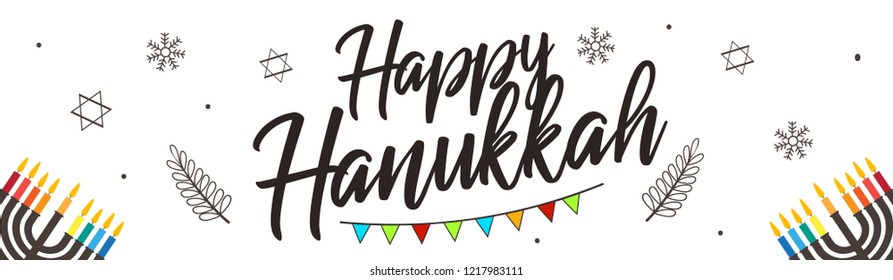 Vector illustration dedicated to the Jewish holiday of Hanukkah, menorah (traditional candelabra) and burning candles with hand lettering text of happy hanukkah sale 