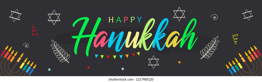 Vector illustration dedicated to the Jewish holiday of Hanukkah, menorah (traditional candelabra) and burning candles with hand lettering text of happy hanukkah sale 